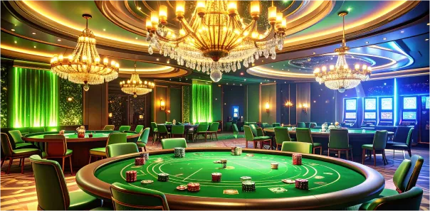 قاعة كازينو WinWin الفاخرة مع طاولات خضراء وثريات متلألئة